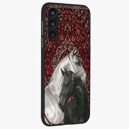Regal Stallion Tapestry Glass Case upright view showcasing powerful horse artwork with elegant tapestry theme.