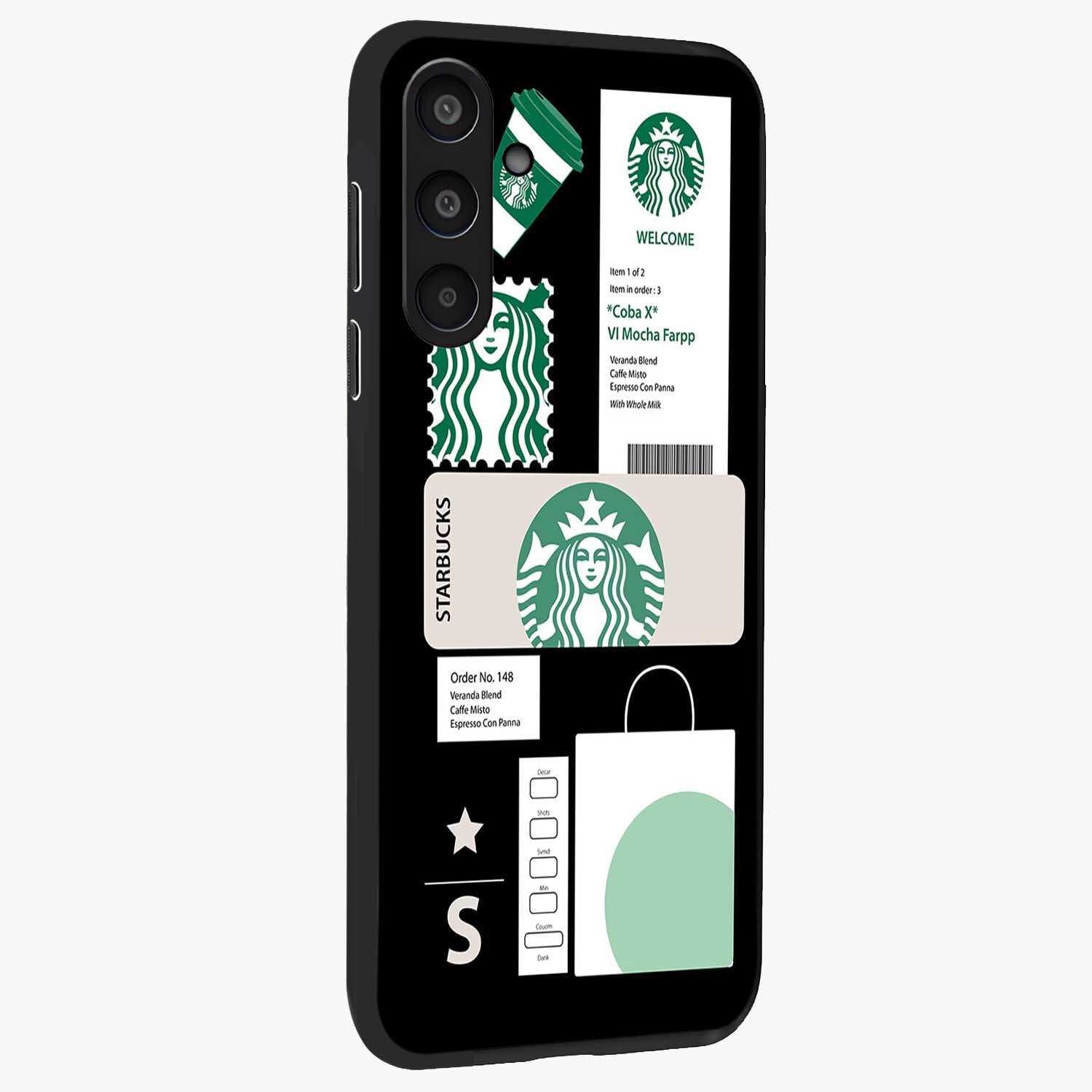 Starbucks Mocha Glass Case upright view showcasing trendy coffee inspired artwork with modern lifestyle theme.