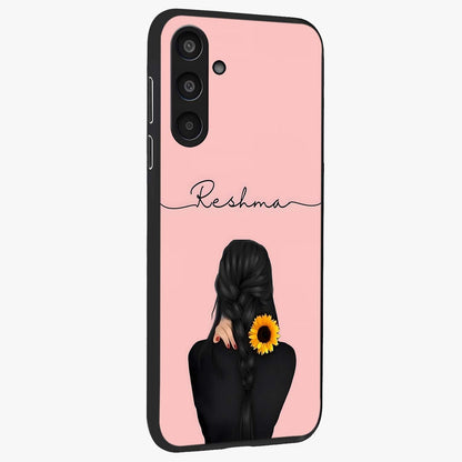 Sunflower Braid Beauty With Custom Name Glass Case upright view showcasing bright sunflower artwork with personalized floral aesthetic.
