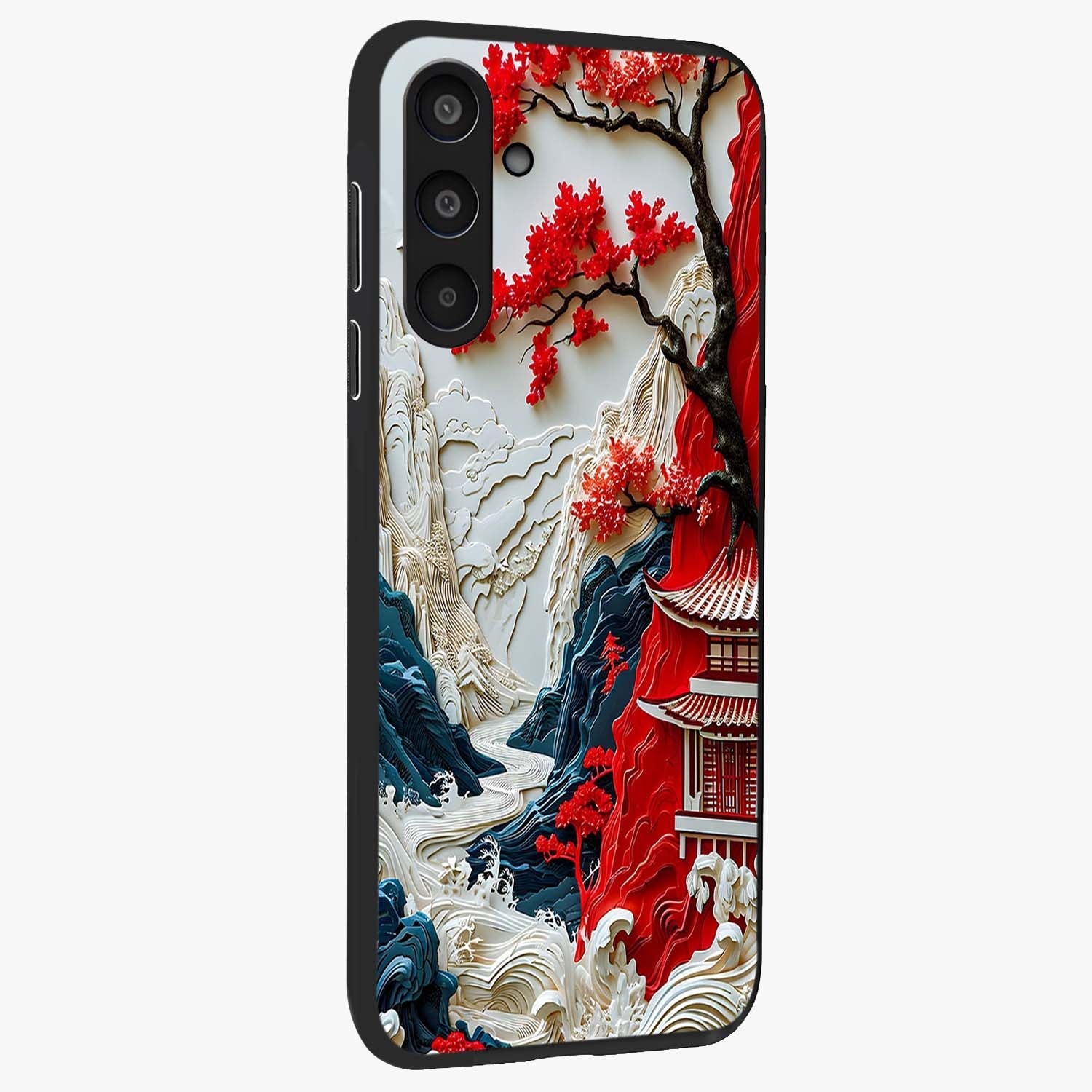 Whispers Of Sakura Waves Glass Case upright view showcasing delicate cherry blossom artwork with elegant nature theme.
