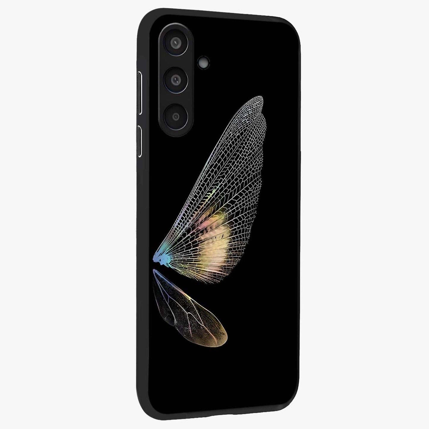 Whispers Of Wings Glass Case upright view showcasing elegant wing artwork with light airy theme.