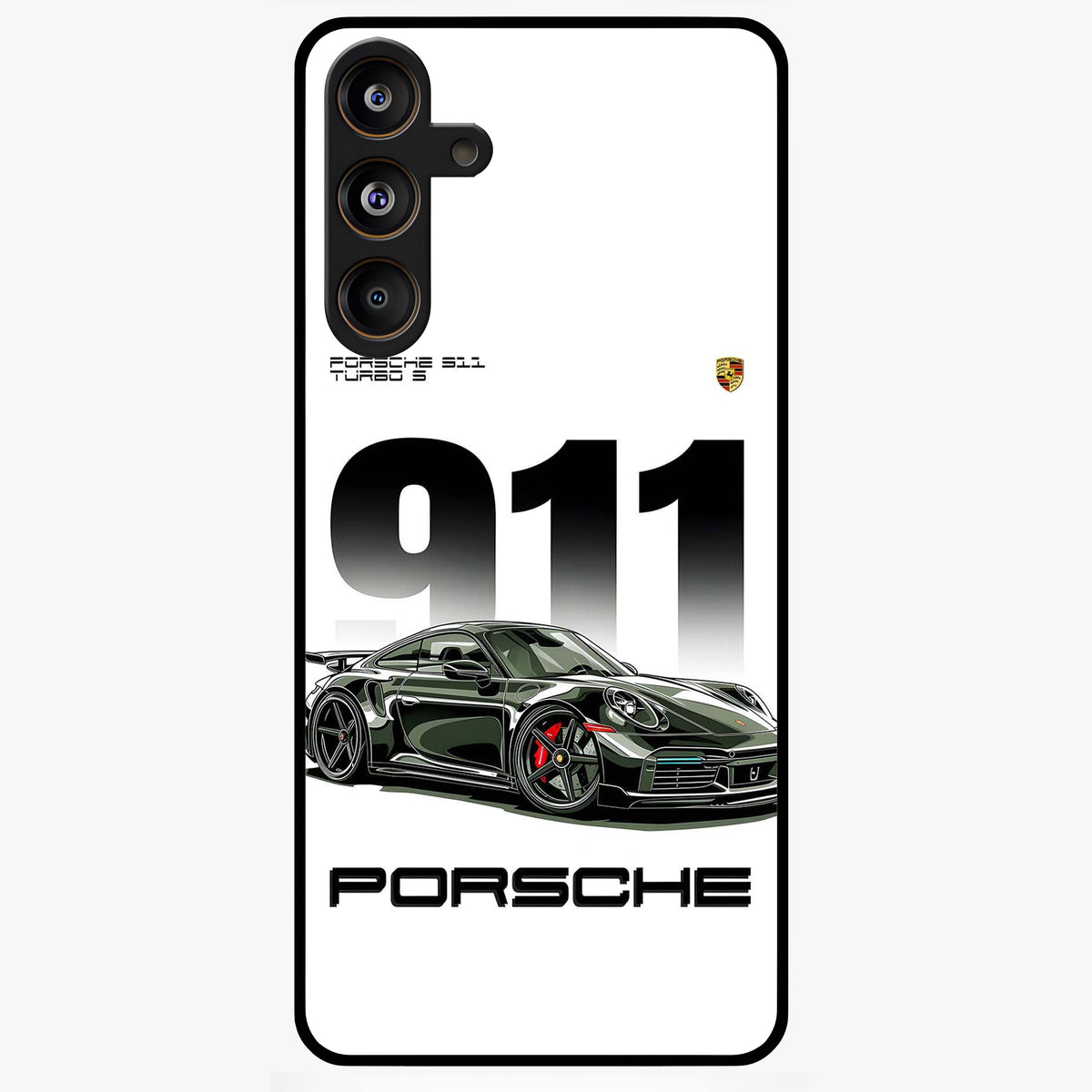 911 Turbo Dominance Glass Case showing clean flat back view with bold 911 sports car artwork and glossy glass finish.