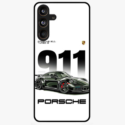 911 Turbo Dominance Glass Case showing clean flat back view with bold 911 sports car artwork and glossy glass finish.
