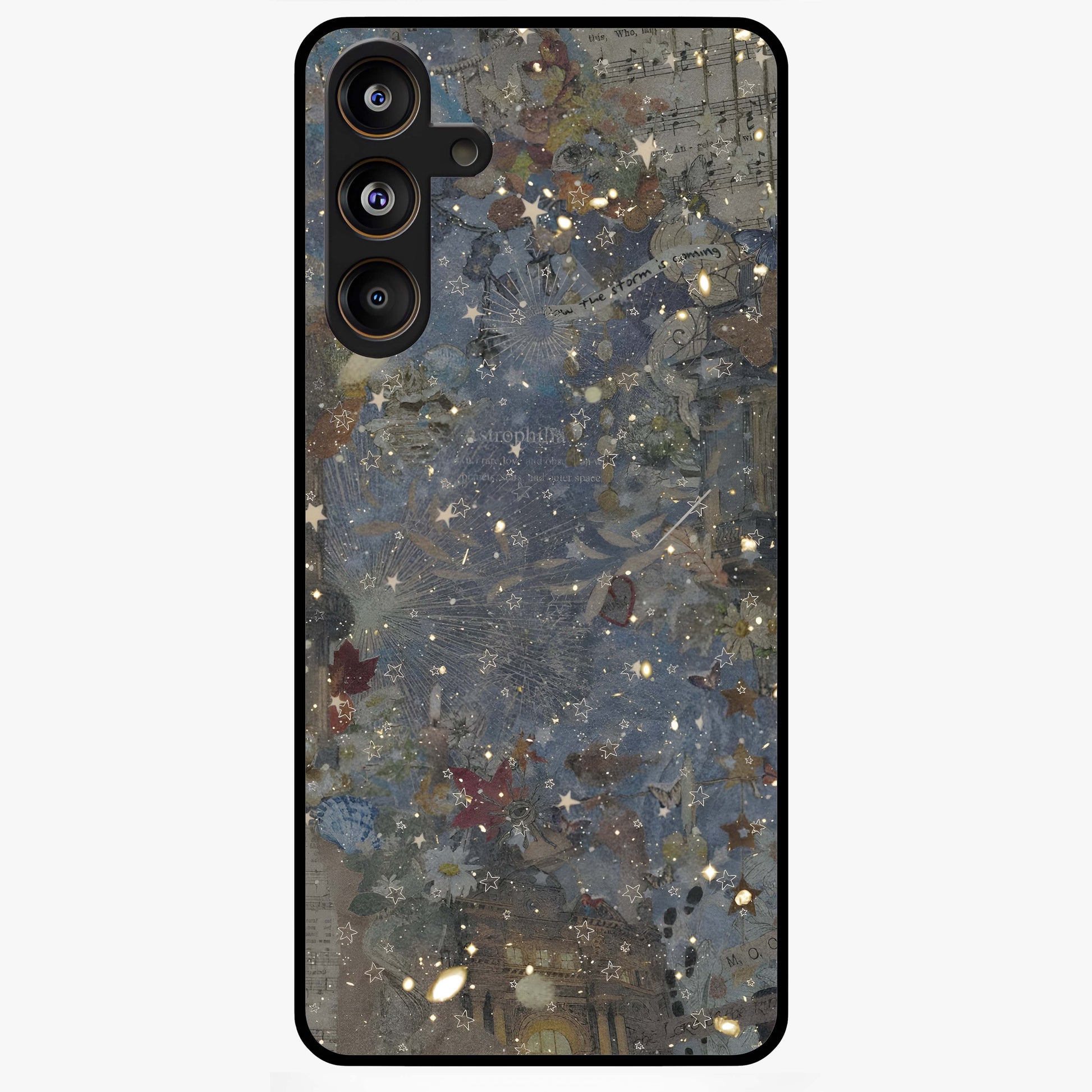 Aesthetic Astrolophia Glass Case showing flat back view with dreamy aesthetic design and glossy glass finish.