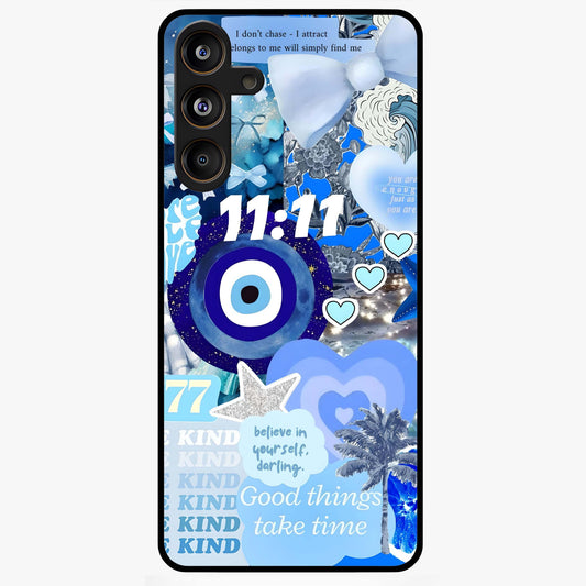 Aesthetic Be Kind Eye Glass Case showing flat back view with motivational eye artwork and glossy glass finish.