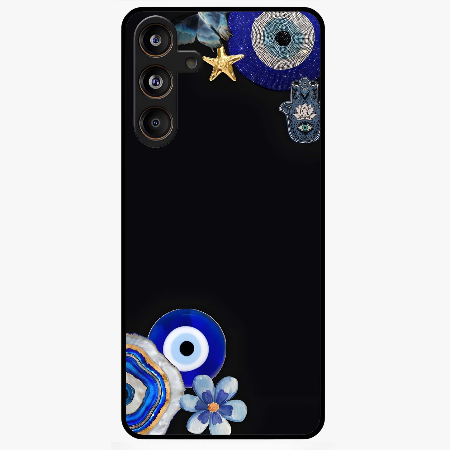 Aesthetic Blue Evil Eye Glass Case showing flat back view with protective evil eye artwork and glossy glass finish.