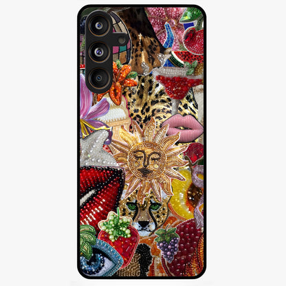 Beaded Fashion Jungle Glass Case showing flat back view with vibrant jungle inspired bead artwork and glossy glass finish.
