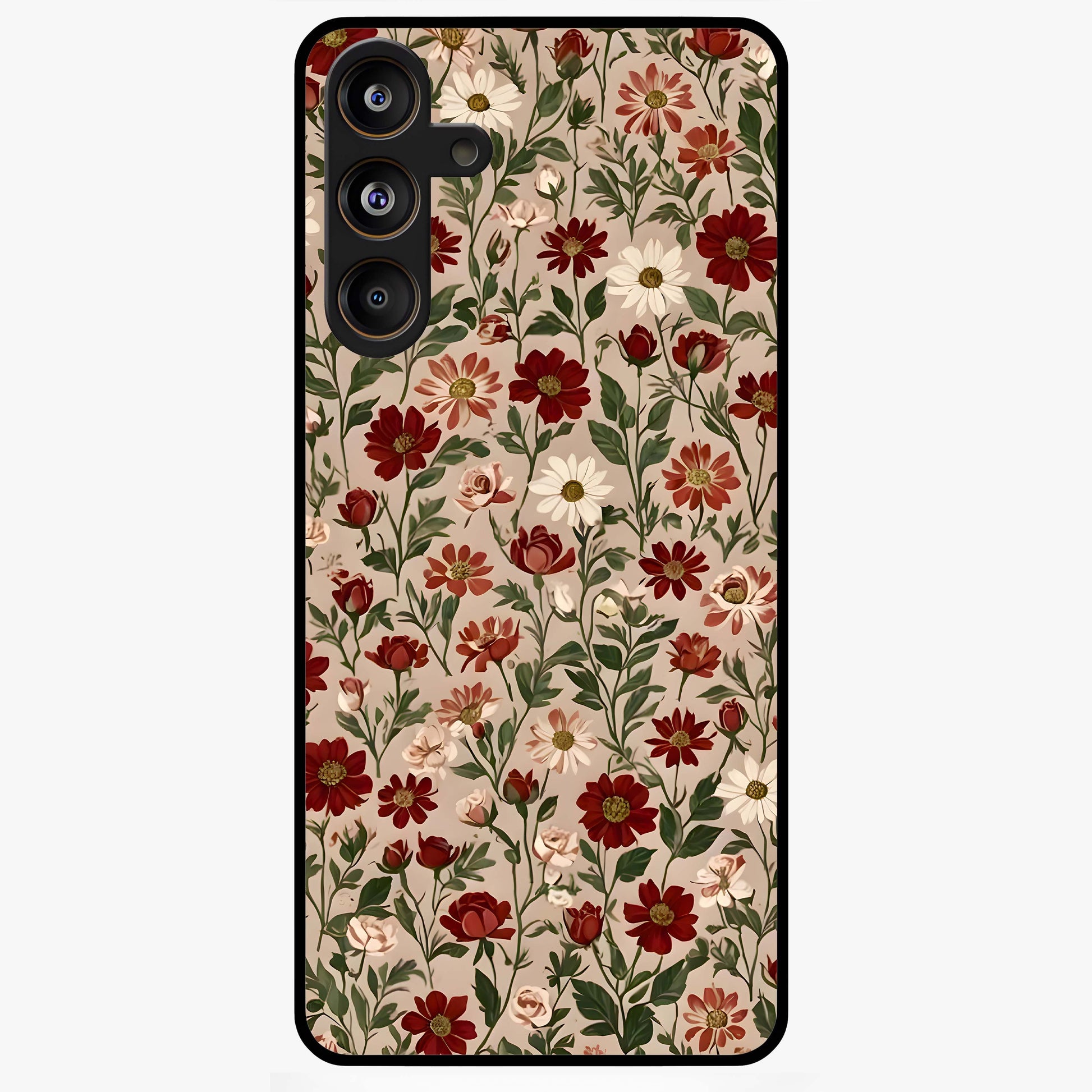 Biege Flower With Leaf Glass Case showing flat back view with soft beige floral artwork and glossy glass finish.
