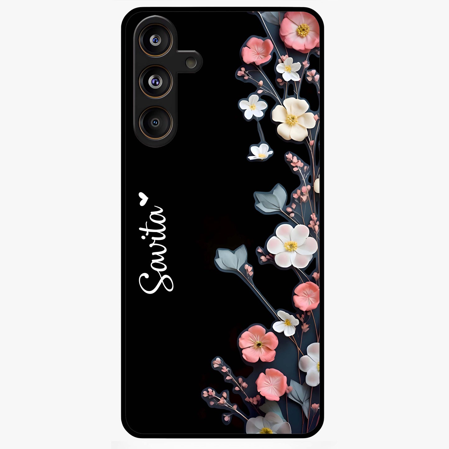 Black Elegance Floral Custom Name Glass Case showing flat back view with elegant floral artwork and personalized name design.