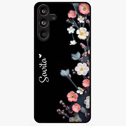 Black Elegance Floral Custom Name Glass Case showing flat back view with elegant floral artwork and personalized name design.