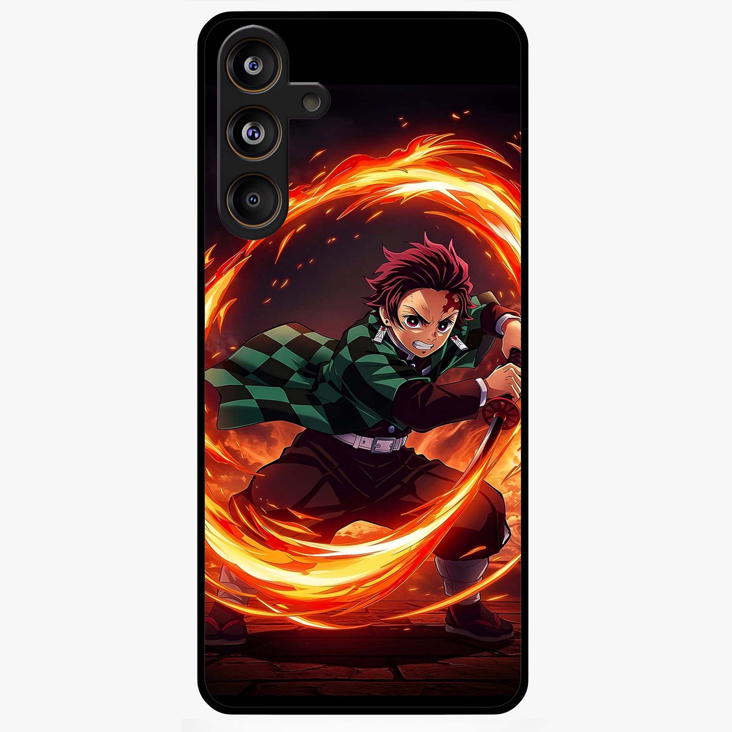 Blazing Sword Resolve Glass Case showing flat back view with fiery sword artwork and glossy glass finish.