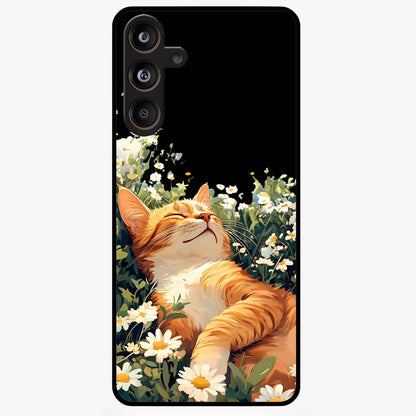 Blissful Bloom Cat Glass Case showing flat back view with cute cat and floral bloom artwork and glossy glass finish.