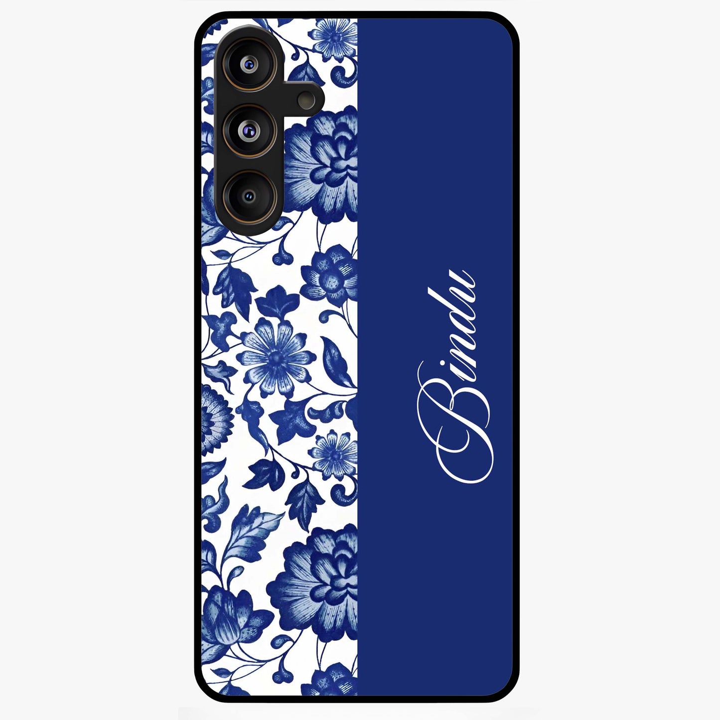 Blue Vintage Floral Pattern Glass Case upright view showcasing timeless floral illustration with vintage inspired style.