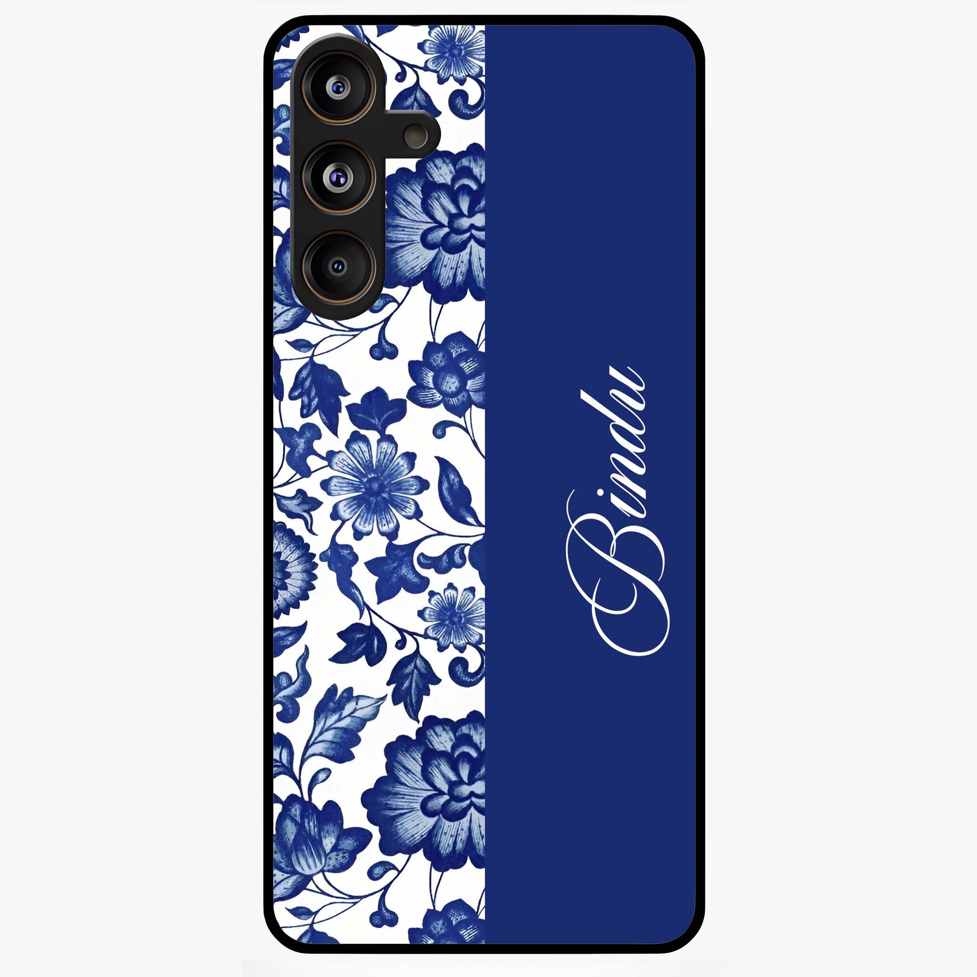 Blue Vintage Floral Pattern Glass Case upright view showcasing timeless floral illustration with vintage inspired style.