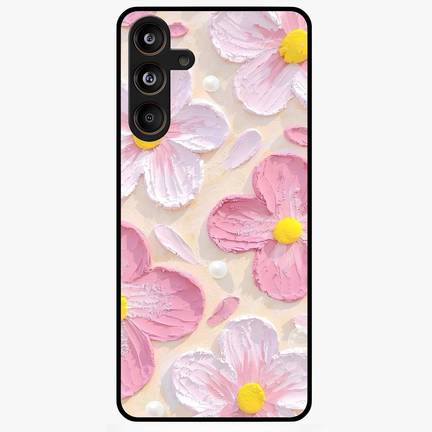 Blush Bloom Texture Glass Case showing flat back view with soft blush floral texture artwork and glossy glass finish.