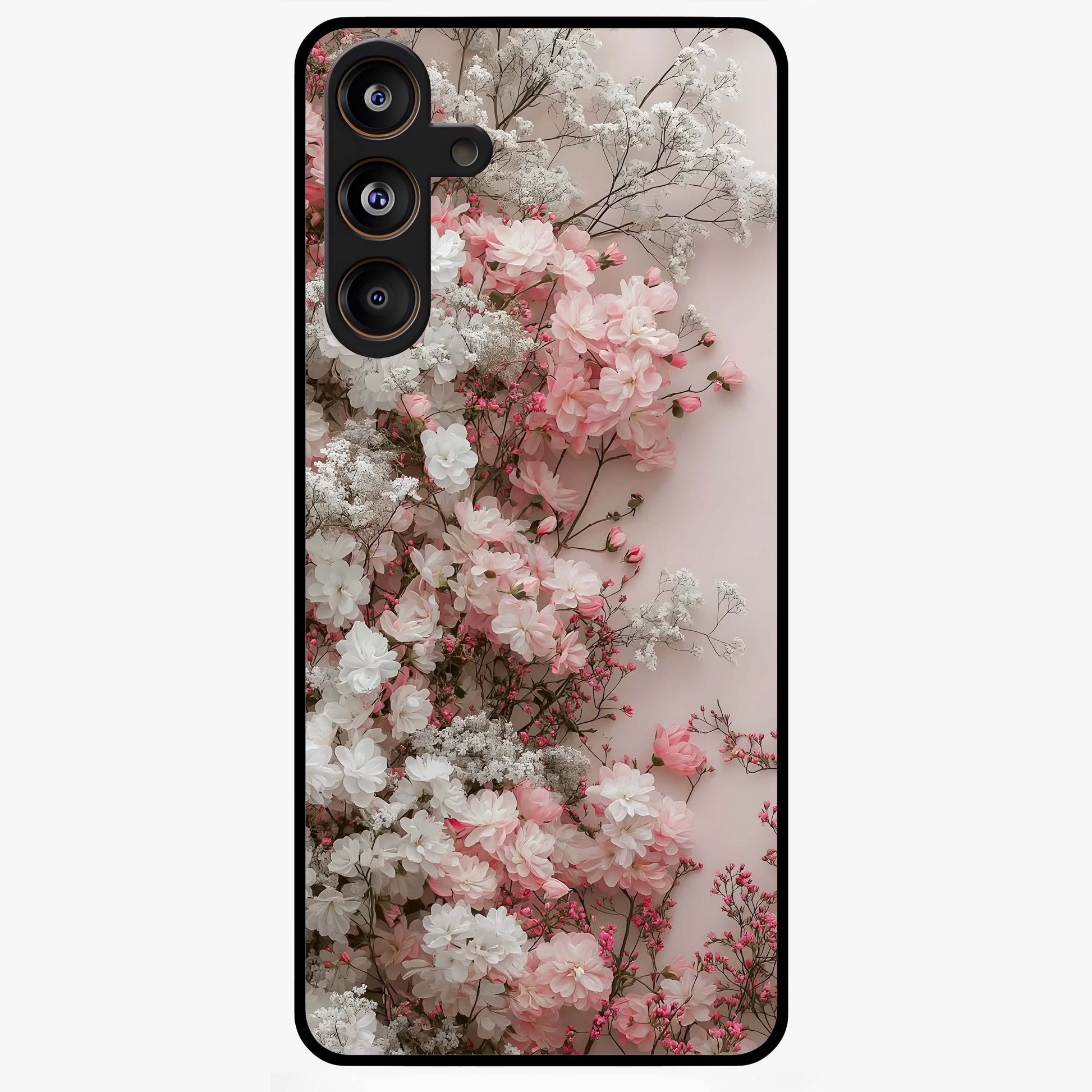Blush Blossom Cloud Glass Case showing flat back view with dreamy blush cloud blossom artwork and glossy glass finish.