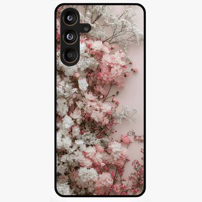 Blush Blossom Cloud Glass Case showing flat back view with dreamy blush cloud blossom artwork and glossy glass finish.
