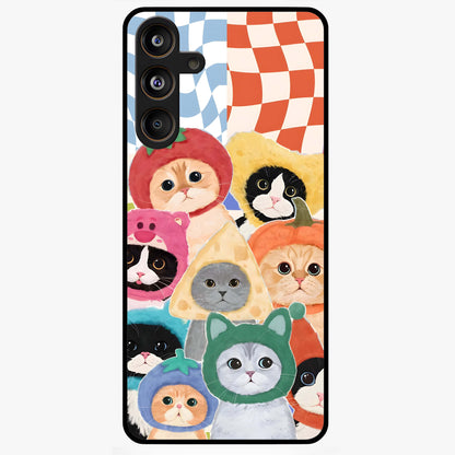 Cats in Fruits Glass Case showing flat back view with playful cat illustrations inside fruit artwork and glossy glass finish.