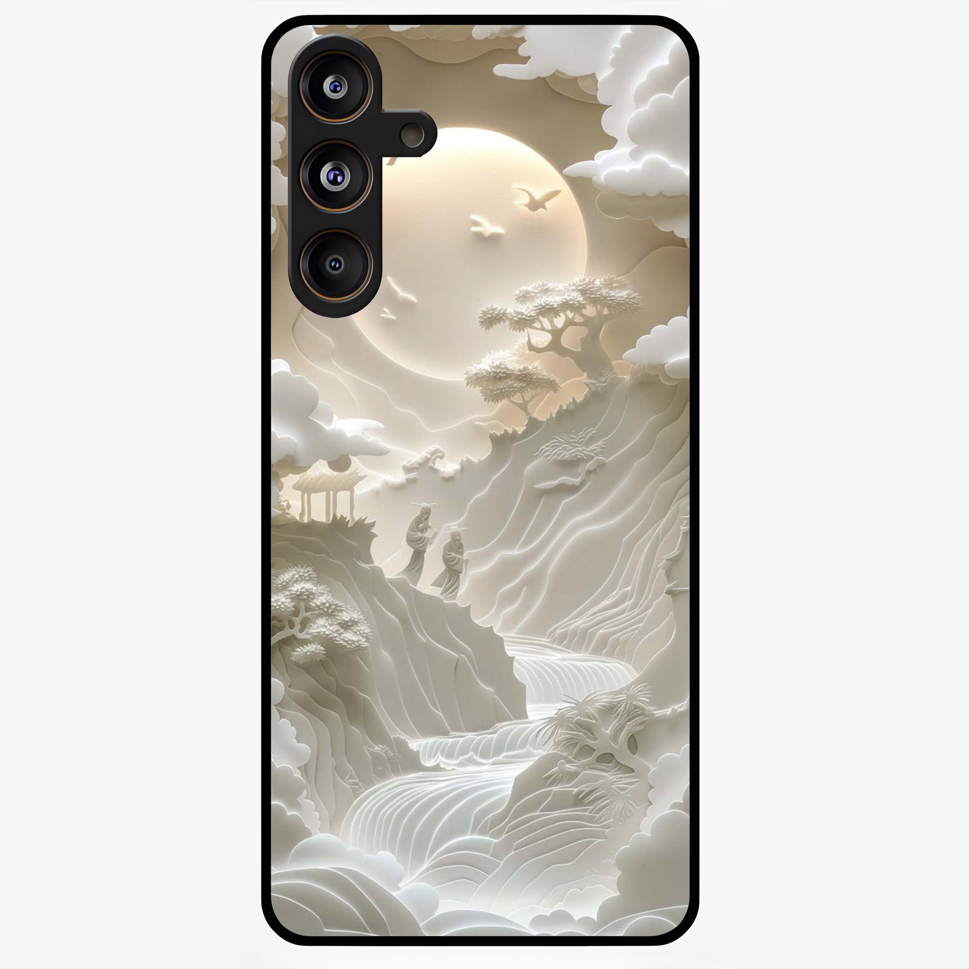 Celestial Origami Glass Case showing flat back view with artistic origami inspired celestial artwork and glossy glass finish.