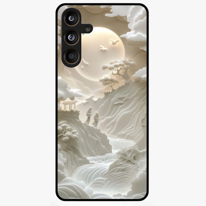 Celestial Origami Glass Case showing flat back view with artistic origami inspired celestial artwork and glossy glass finish.