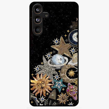 Cosmic Sparkle Dreams Glass Case showing flat back view with sparkling cosmic artwork and glossy glass finish.