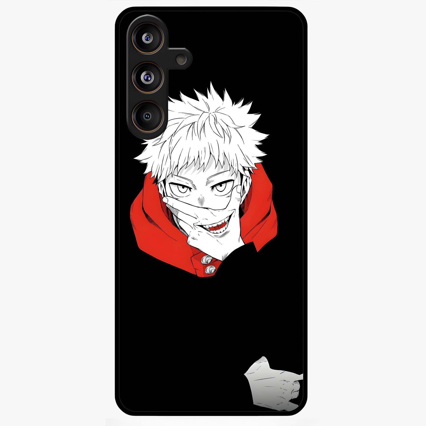 Crimson Chaos Smile Glass Case showing flat back view with bold chaotic smile artwork and glossy glass finish.