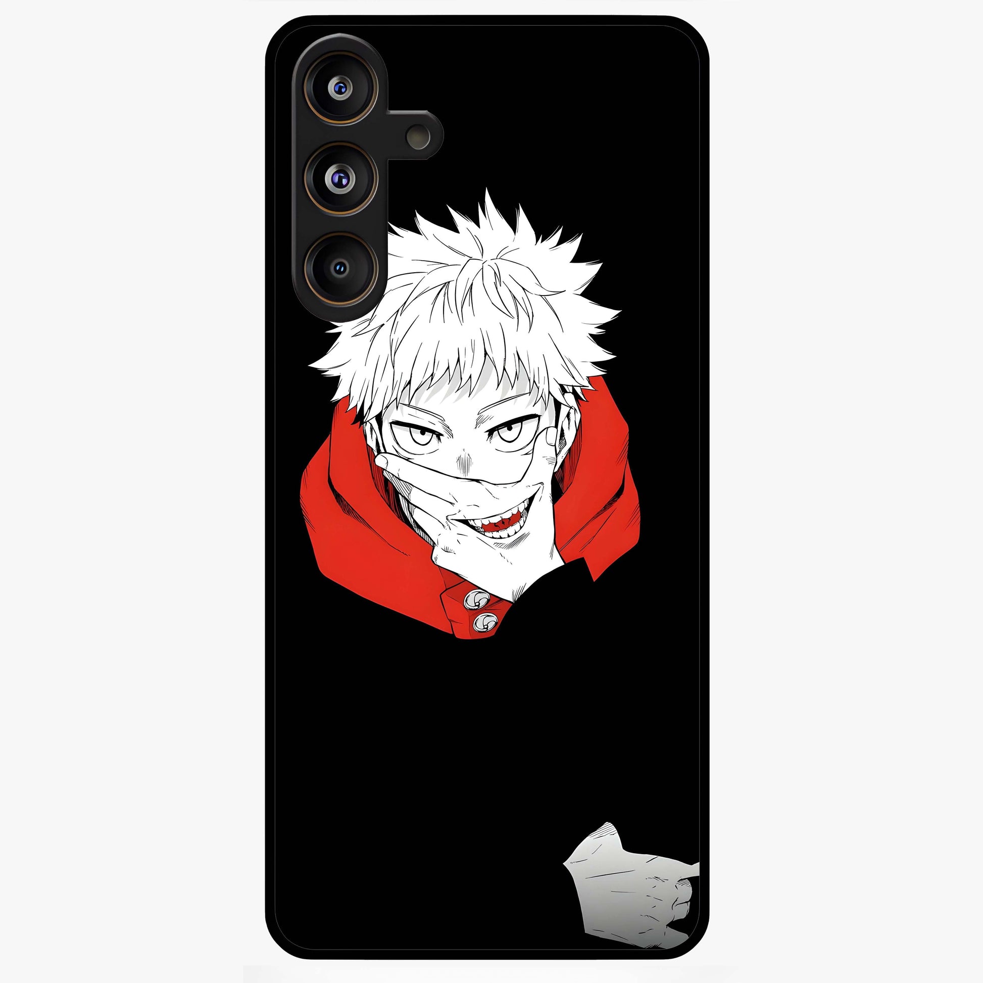 Crimson Chaos Smile Glass Case showing flat back view with bold chaotic smile artwork and glossy glass finish.