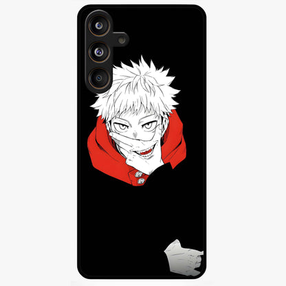 Crimson Chaos Smile Glass Case showing flat back view with bold chaotic smile artwork and glossy glass finish.