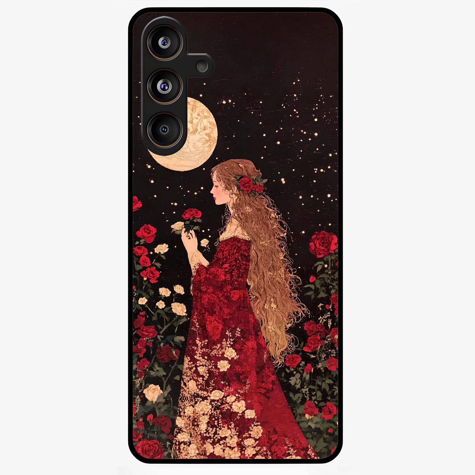 Crimson Dreams Glass Case showing flat back view with dreamy crimson artwork and glossy glass finish.