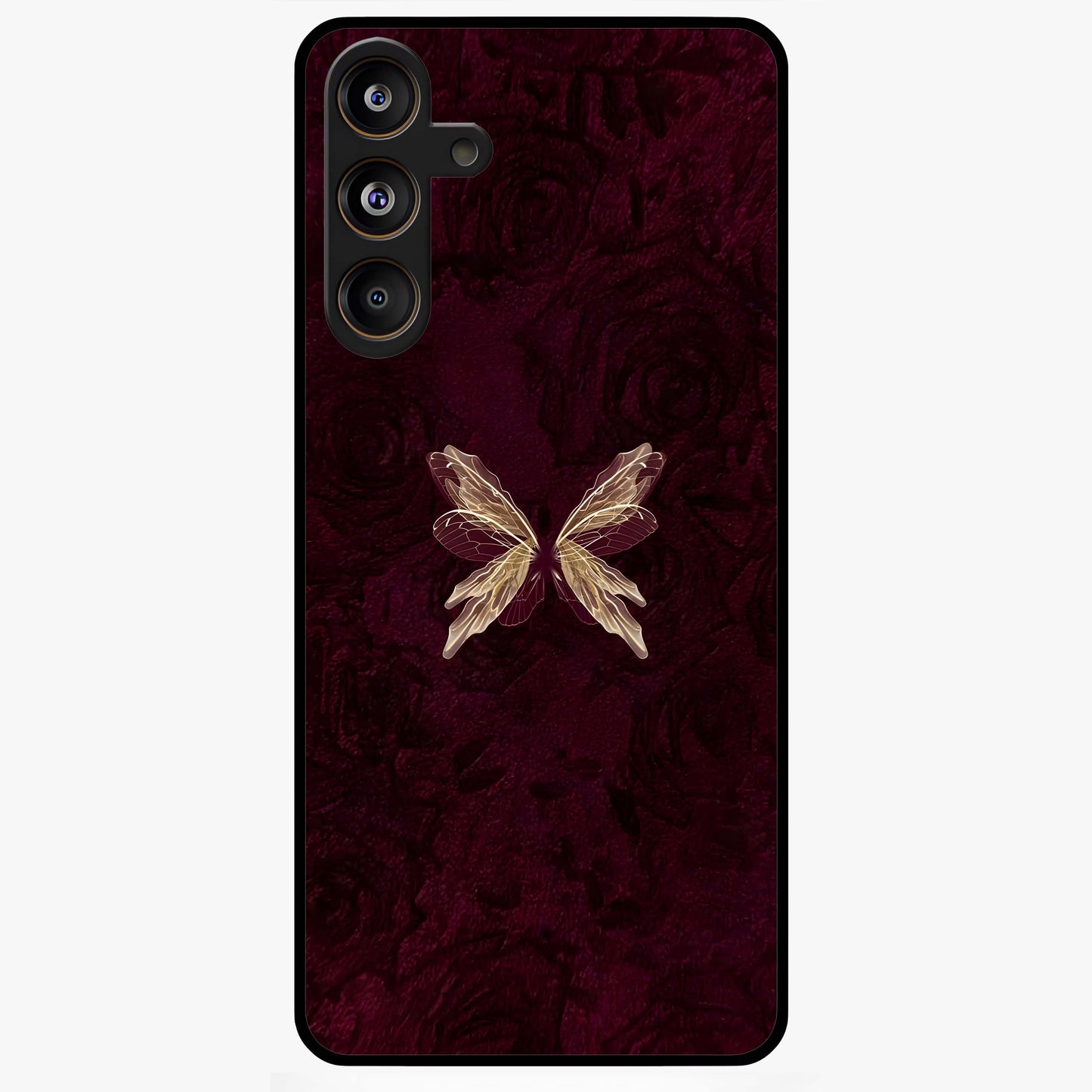 Crimson Fade Butterfly Glass Case showing flat back view with fading butterfly artwork and glossy glass finish.
