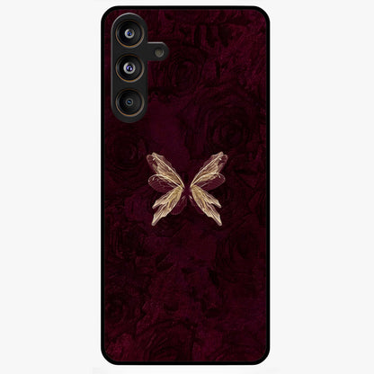 Crimson Fade Butterfly Glass Case showing flat back view with fading butterfly artwork and glossy glass finish.