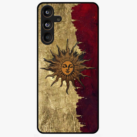Crimson Sun Majesty Glass Case showing flat back view with radiant sun inspired artwork and glossy glass finish.