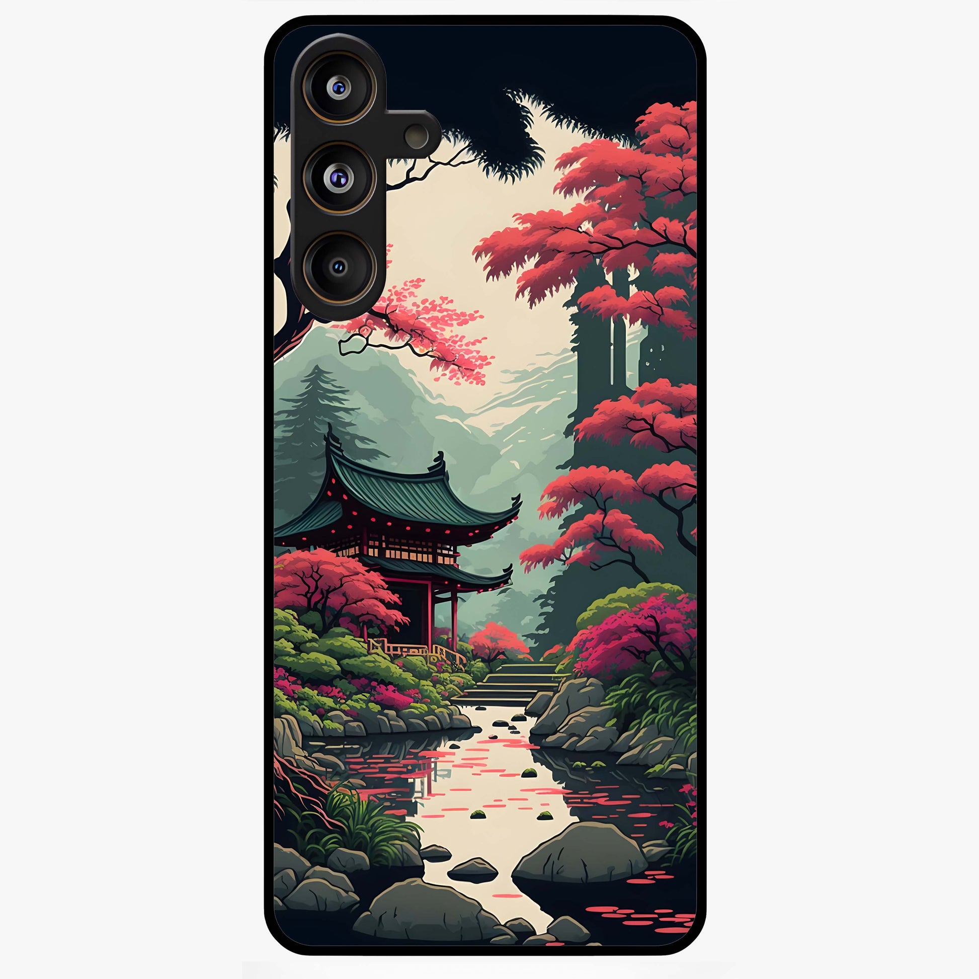 Crimson Temple View Glass Case showing flat back view with temple inspired artwork and glossy glass finish.