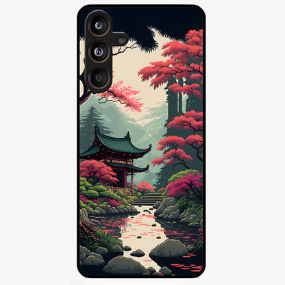 Crimson Temple View Glass Case showing flat back view with temple inspired artwork and glossy glass finish.