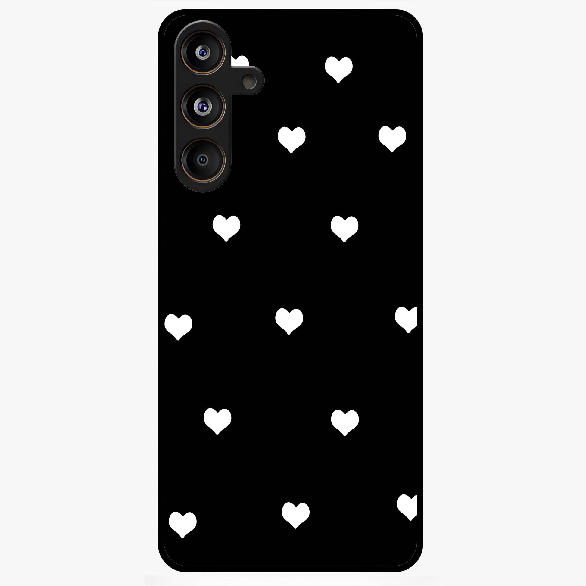 Cute And Simple White Hearts Glass Case showing flat back view with minimal white heart pattern and glossy glass finish.