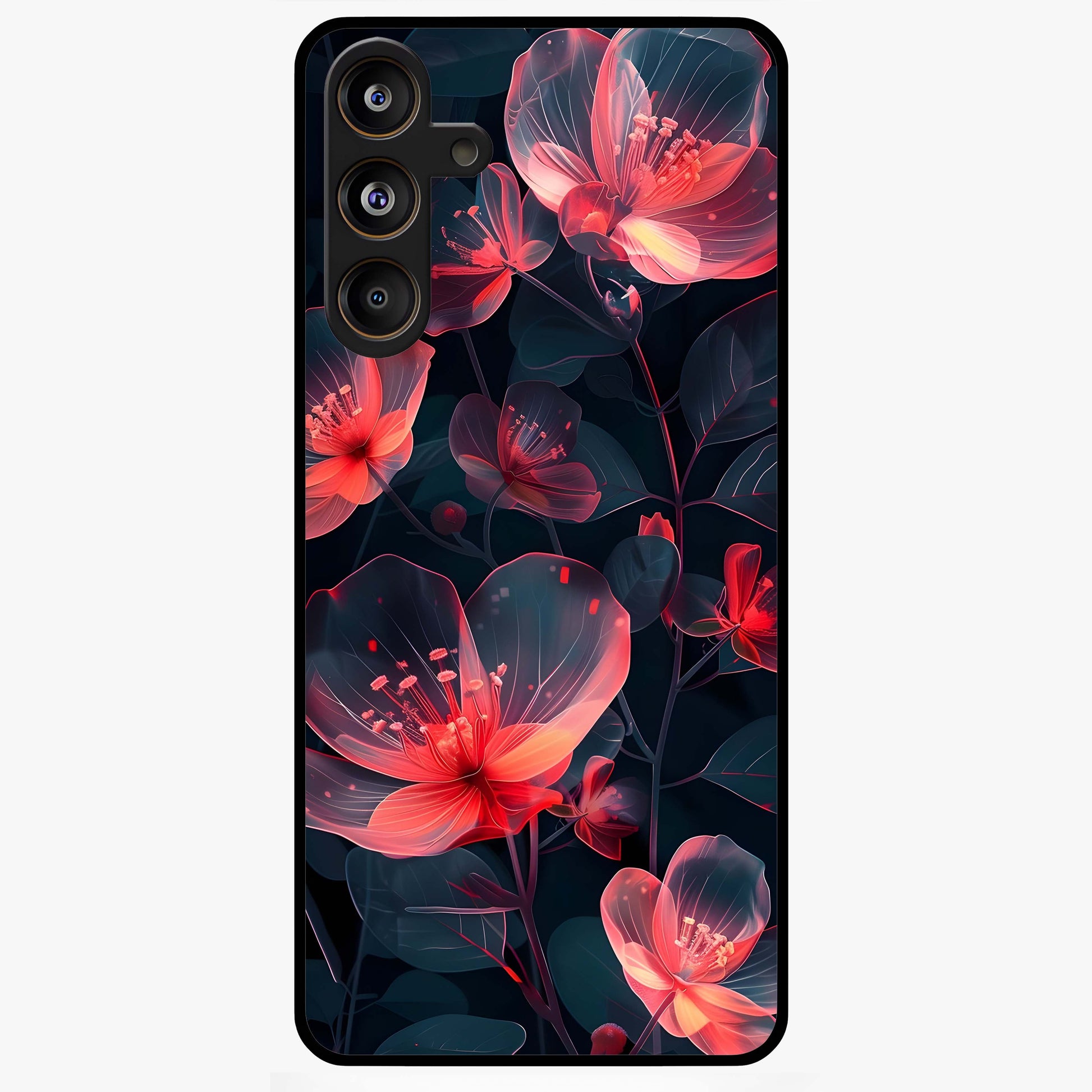 Dark Shade of Flower Glass Case showing flat back view with elegant dark floral artwork and glossy glass finish.