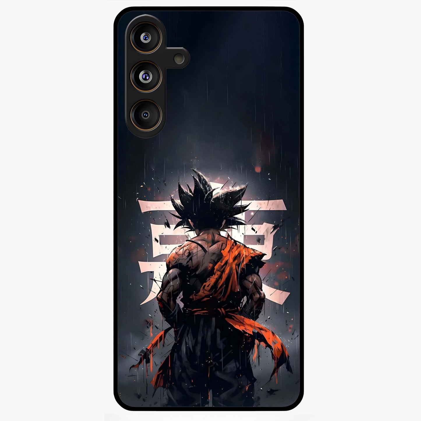 Dark Warrior In Rain Glass Case showing flat back view with warrior artwork in rainy atmosphere and glossy glass finish.