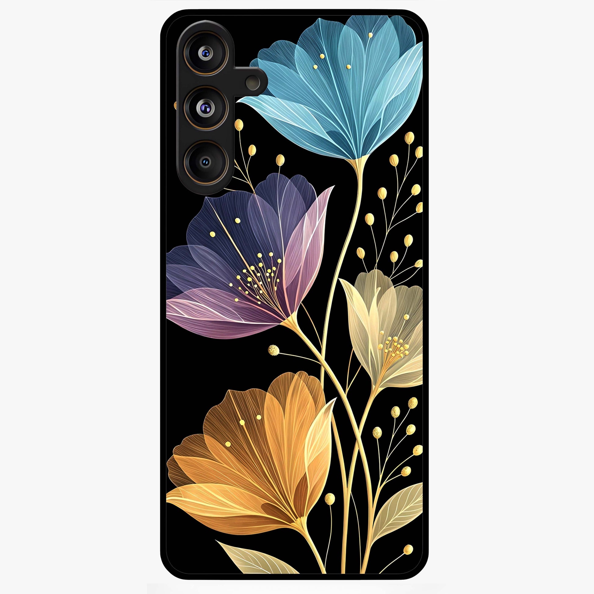 Delicate Multicolor Flowers Glass Case showing flat back view with vibrant floral artwork and glossy glass finish.