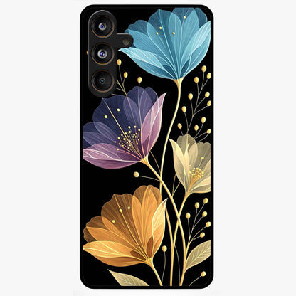 Delicate Multicolor Flowers Glass Case showing flat back view with vibrant floral artwork and glossy glass finish.