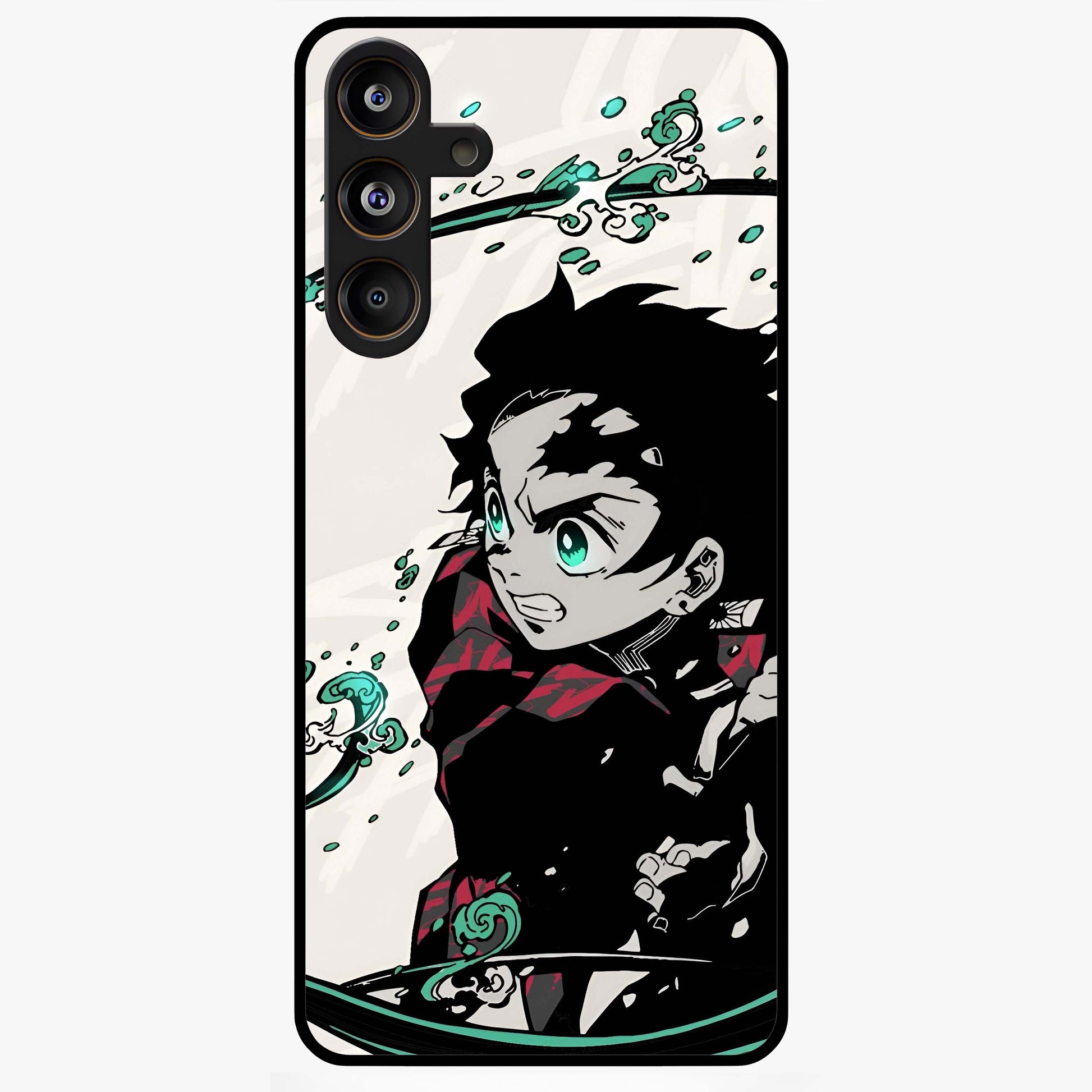 Demon Slayer Glass Case showing flat back view with bold anime inspired artwork and glossy glass finish.