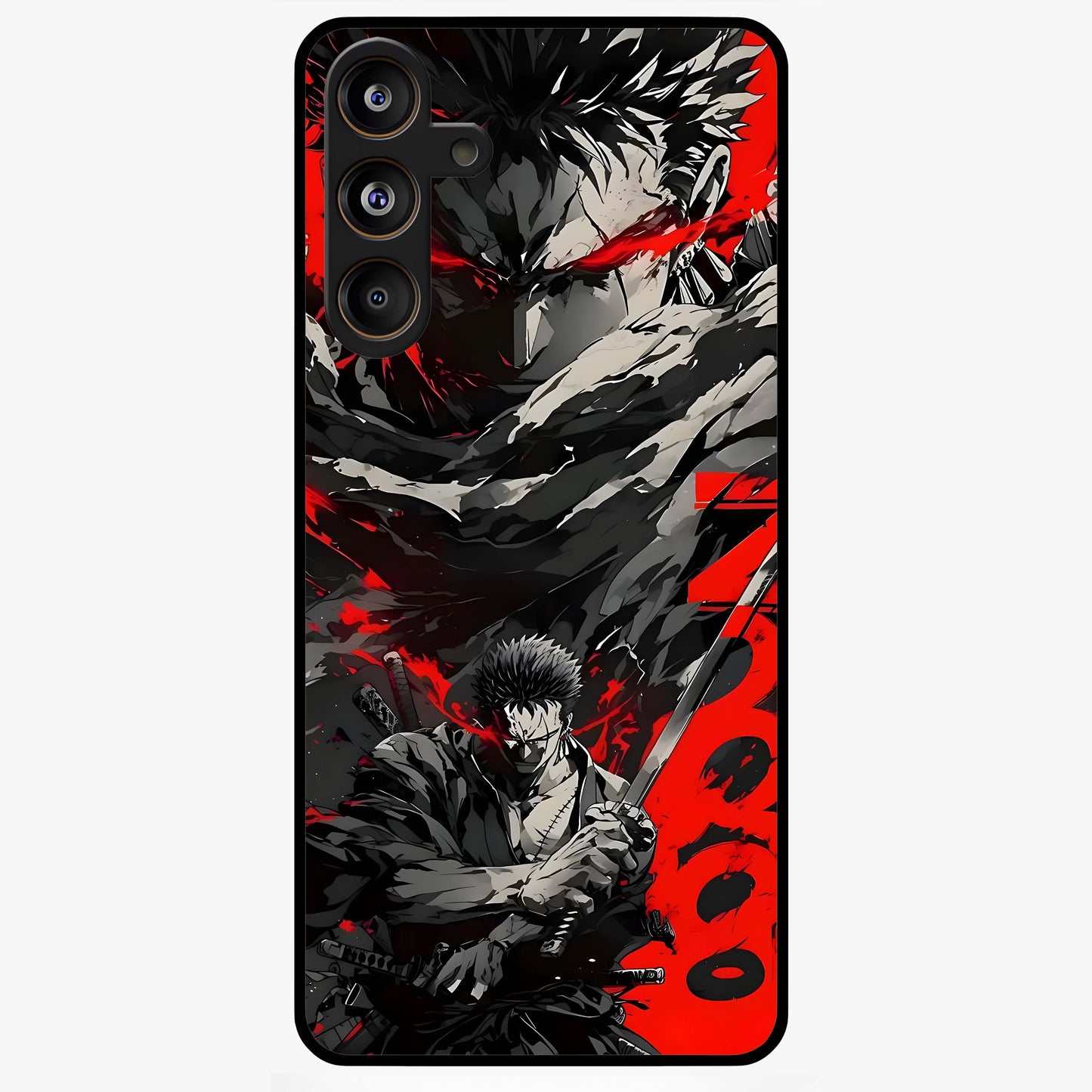 Demon Sword Resolve Glass Case showing flat back view with fierce sword warrior artwork and glossy glass finish.