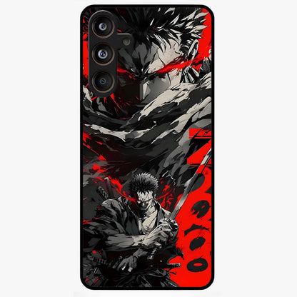 Demon Sword Resolve Glass Case showing flat back view with fierce sword warrior artwork and glossy glass finish.