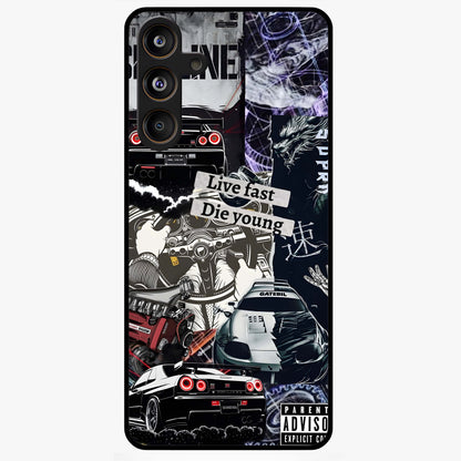 Die Young Glass Case showing flat back view with bold artistic typography design and glossy glass finish.