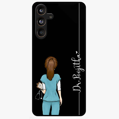 Doctor Pattern Custom Name Glass Case showing flat back view with medical themed pattern and personalized name design.