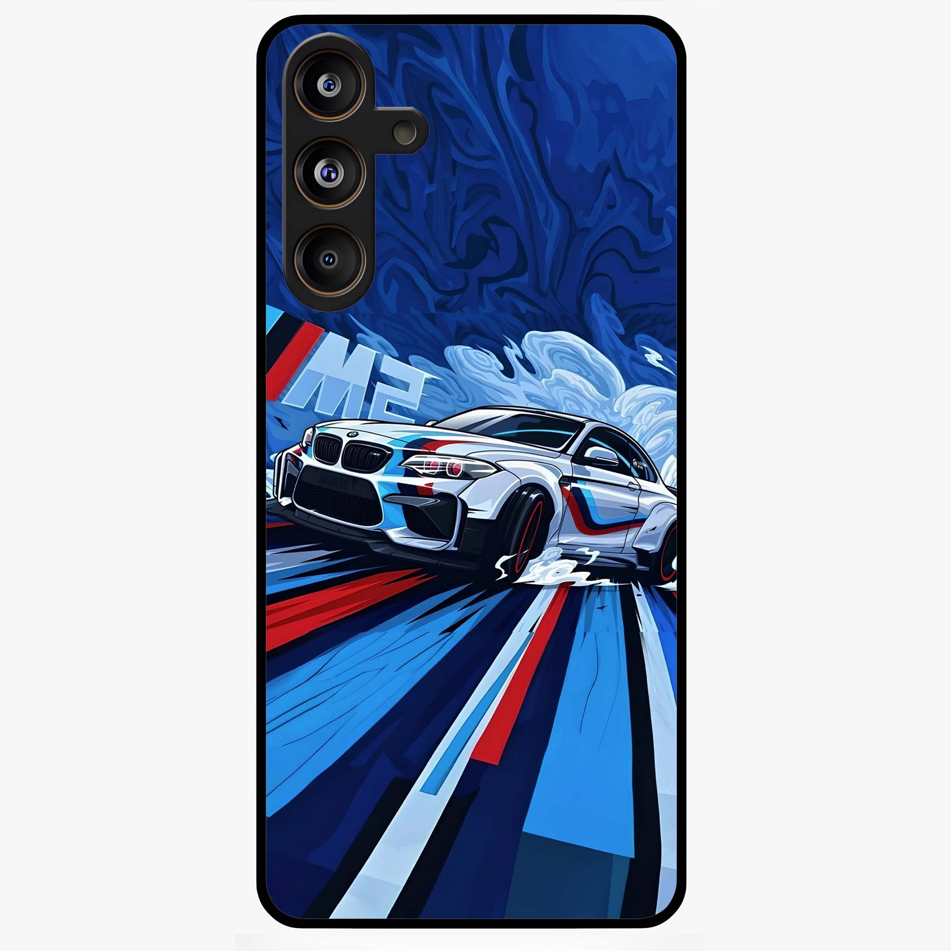 Drift Power Rush Glass Case showing flat back view with dynamic racing inspired artwork and glossy glass finish.
