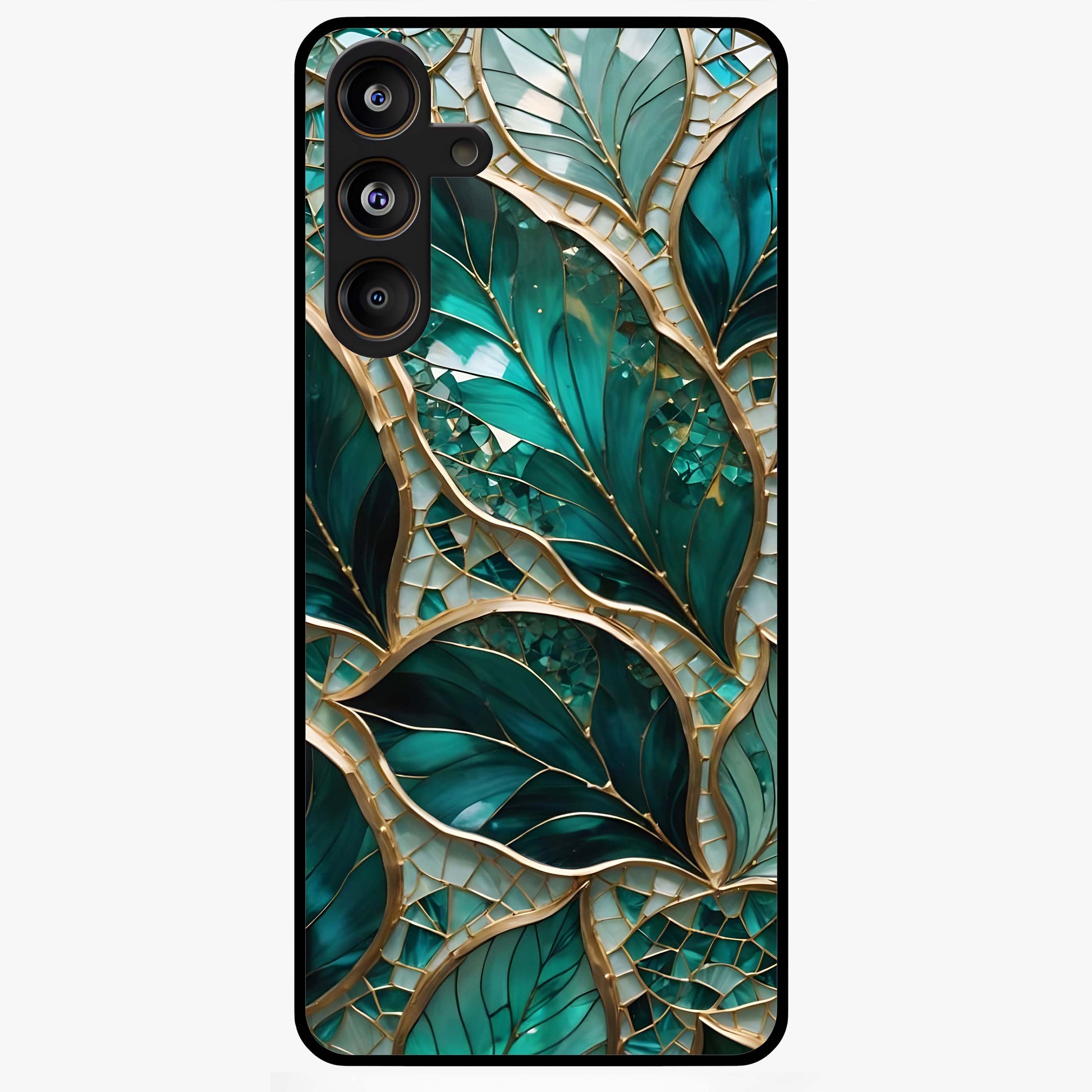 Emerald Leaf Glass Glass Case showing flat back view with emerald green leaf artwork and glossy glass finish.