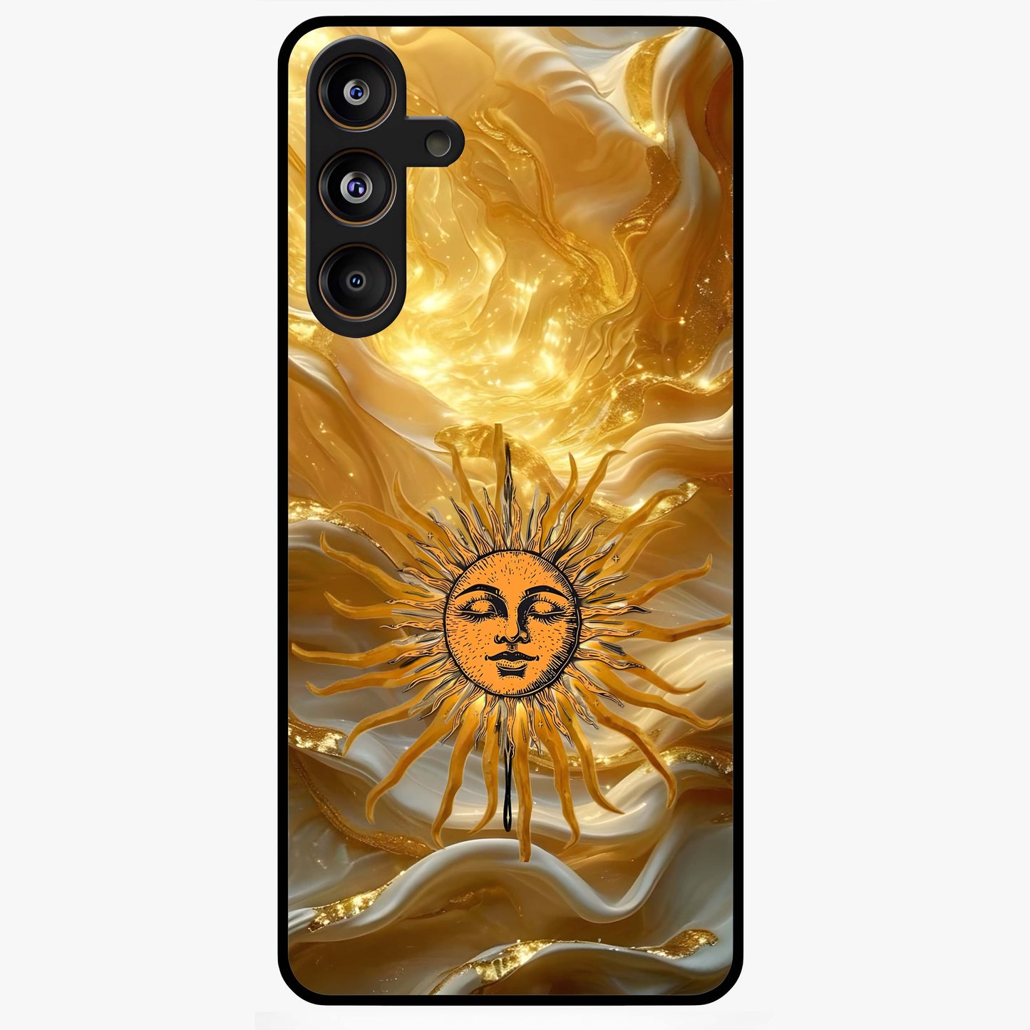 Eternal Golden Glow Glass Case showing flat back view with radiant golden themed artwork and glossy glass finish.