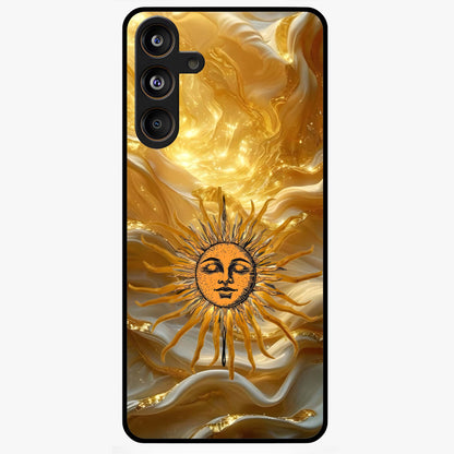 Eternal Golden Glow Glass Case showing flat back view with radiant golden themed artwork and glossy glass finish.