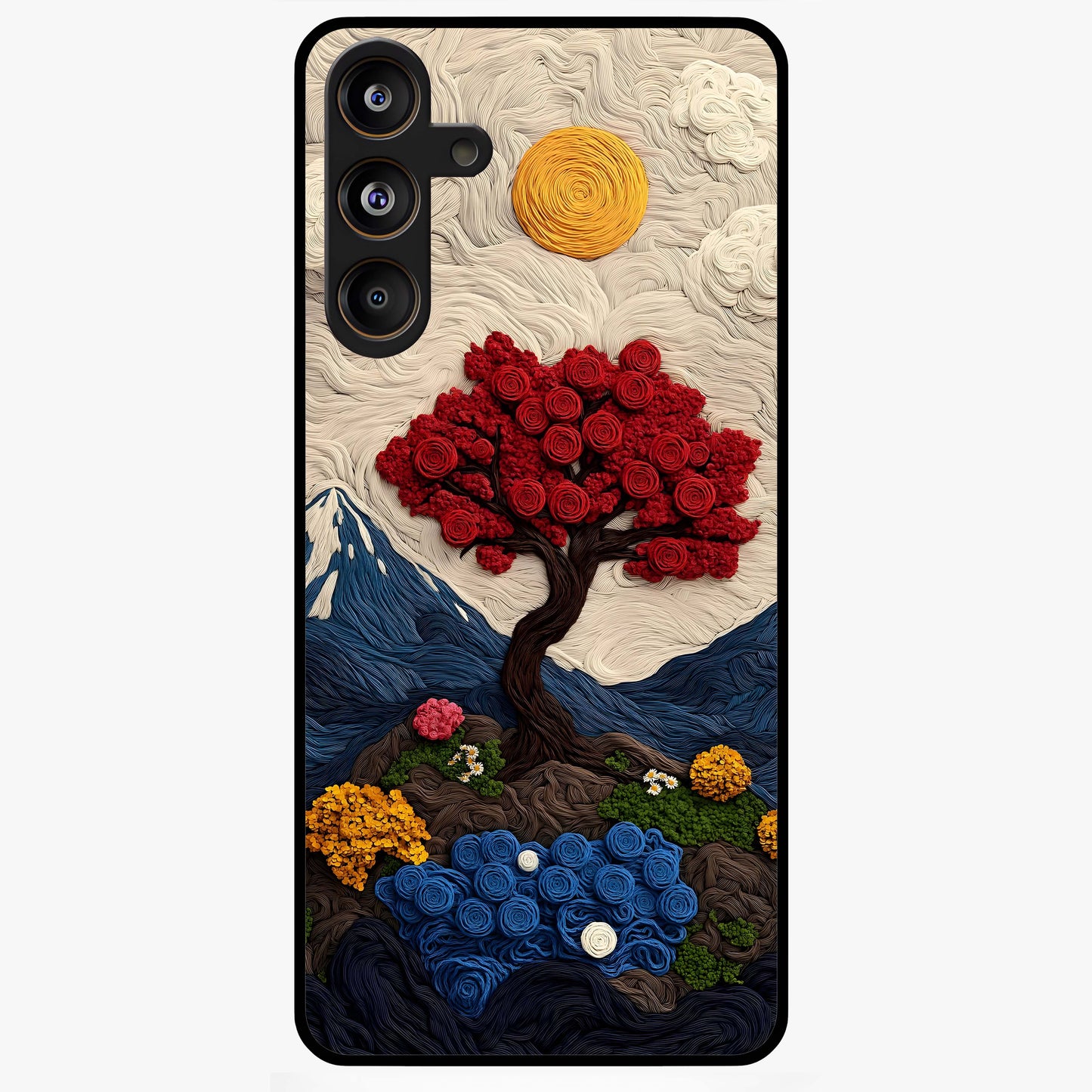 Eternal Nature Tapestry Glass Case showing flat back view with intricate nature tapestry artwork and glossy glass finish.
