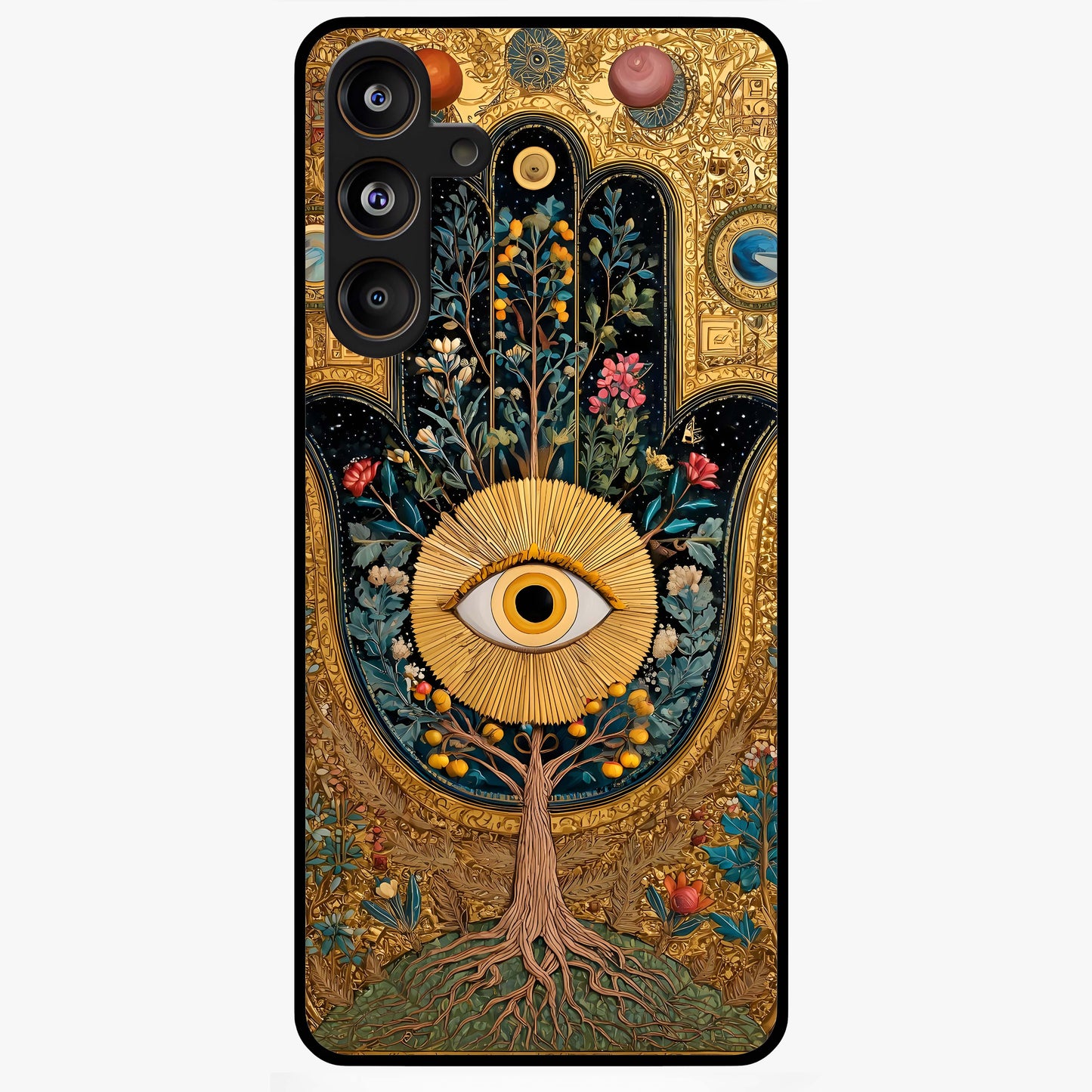 Ethereal Evil Eye Glass Case showing flat back view with mystical evil eye artwork and glossy glass finish.